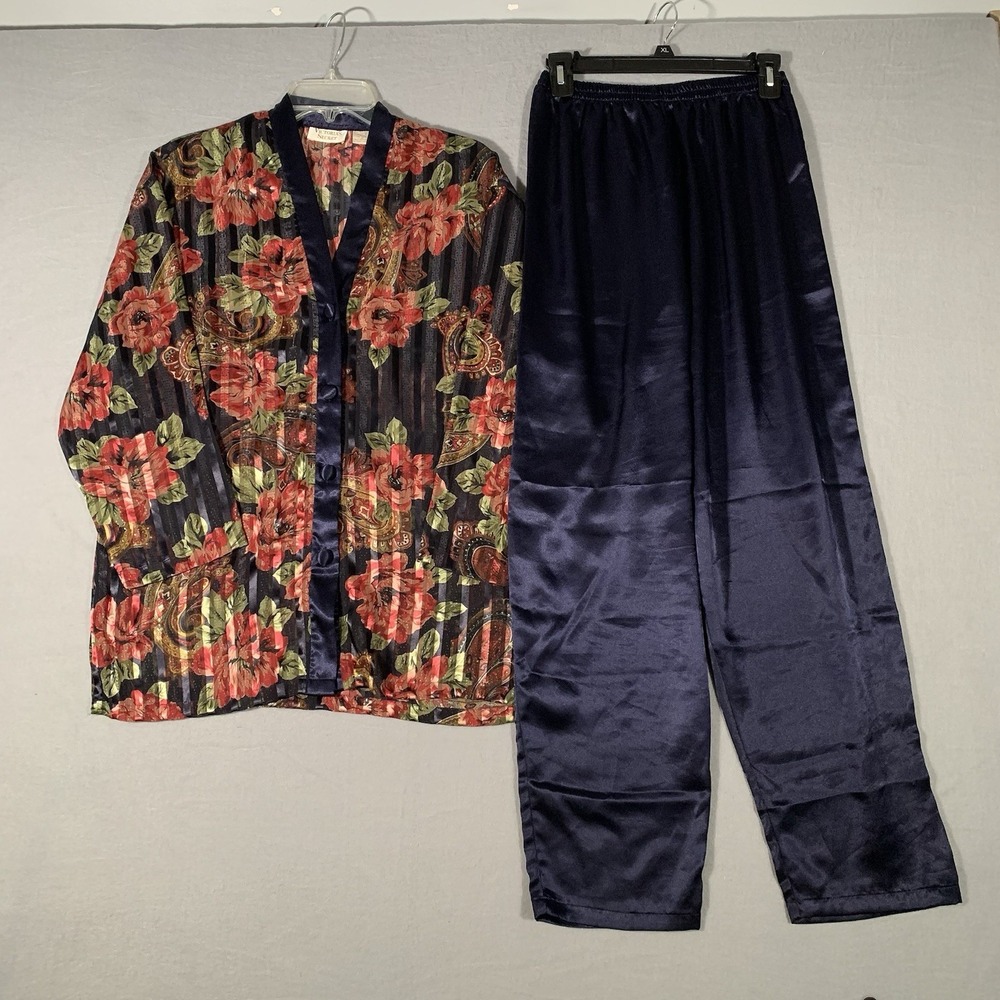 Vintage Victoria's Secret Gold Label Floral Satin Pajama Set Small Navy Roses